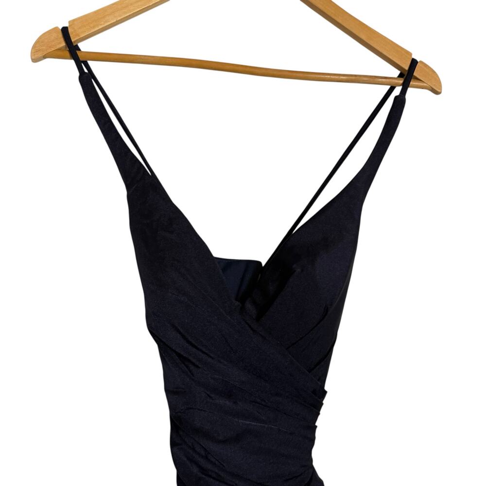 La Femme Navy Ruched Jersey V-Neck Slit Formal Gown Dress Tie Up Back Size 0 - Picture 3 of 9